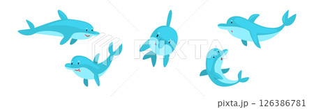 Funny Blue Dolphin Character in Different Pose Vector Set 126386781