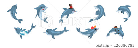 Funny Blue Dolphin Character in Different Pose Vector Set Funny Blue Dolphin Character in Different Pose Vector Set 126386783