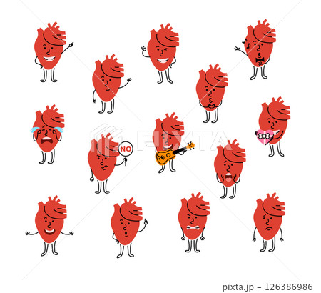 Cute cartoon heart character with different facial expression and body posture. Hand drawn doodle kids friendly character for health campaigns, promotions or educational materials. Editable stroke Cute cartoon heart character with different facial expression and body posture. Hand drawn doodle kids friendly character for health campaigns, promotions or educational materials. Editable stroke 126386986