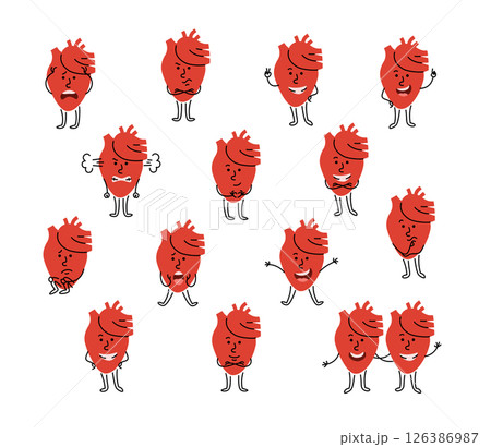 Cute cartoon heart character with different facial expression and body posture. Hand drawn doodle kids friendly character for health campaigns, promotions or educational materials. Editable stroke 126386987