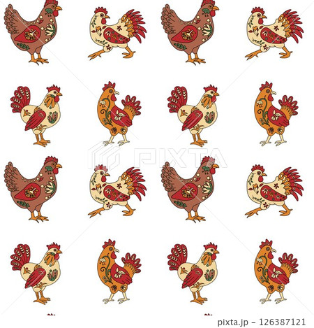 Seamless pattern with colorful ornamental roosters in traditional Mexican alebrije folk art style with intricate patterns and vibrant colors	 126387121