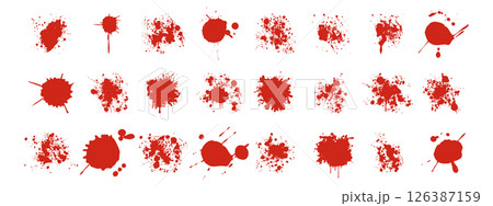 Grunge bloodstain overlays. Vector red splashes, streaks, and drops for spooky backgrounds. 126387159