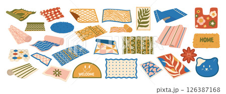 Wool carpets set. Modern handmade cotton and wool rugs with geometric and floral patterns. 126387168