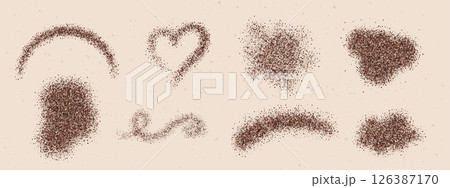 Coffee powder abstract shapes set. Realistic 3D chocolate dust and granule splashes in various forms. Heart, wave, spot, and swirl. Coffee powder abstract shapes set. Realistic 3D chocolate dust and granule splashes in various forms. Heart, wave, spot, and swirl. 126387170