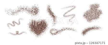 Set of coffee dust and cocoa powder forms. 3D scattered granules in shapes - heart, wave, blob, and curve. 126387171