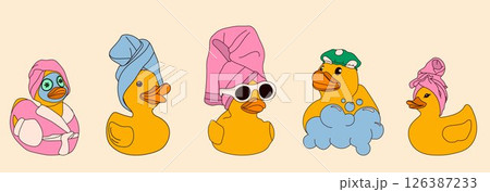 A set of rubber ducks enjoying a spa day, featuring scenes with towels, shower caps, bubbles, and calm expressions. 126387233