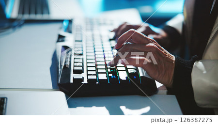 Woman, hands and typing with keyboard for research, email or communication at office. Closeup of female person, journalist or business writer working late on computer for content creation at night 126387275