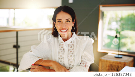 Portrait, remote work and happy woman in home office with confidence for career experience as author. Smile, freelancer and business person in house for startup, ambition and creative writer in USA 126387348