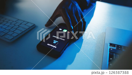 Incoming call, phone screen and hand with unknown number communication icon for phishing scam contact. Mobile connection, night and hacker with digital graphic, user and technology for anonymous ID Incoming call, phone screen and hand with unknown number communication icon for phishing scam contact. Mobile connection, night and hacker with digital graphic, user and technology for anonymous ID 126387388