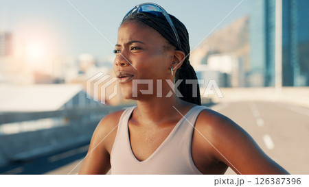 Fatigue, fitness and thinking with black woman in city for break from cardio training or running. Breathing, exercise and intense with athlete or runner outdoor in urban town for sports or workout 126387396