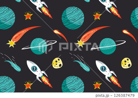 Seamless kids space pattern with rockets, planets, stars, comets and asteroids. Playful cartoon design for textiles, vector illustration for wallpapers, books and children educational projects 126387479