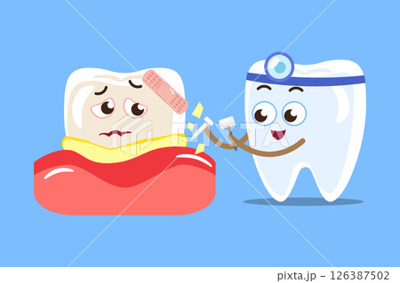 Dental scaling . Tooth in dentist uniform is cleaning tartar . Cartoon characters . Vector . 126387502