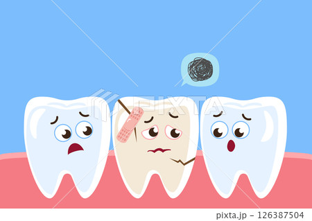Sick tooth and healthy teeth cartoon characters . Dental health concept . Vector . 126387504