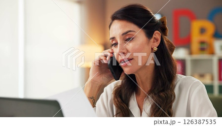 Phone call, research and psychology with woman in office for consulting, laptop and schedule. Education therapist, advice and learning evaluation with person for contact, conversation and tech Phone call, research and psychology with woman in office for consulting, laptop and schedule. Education therapist, advice and learning evaluation with person for contact, conversation and tech 126387535