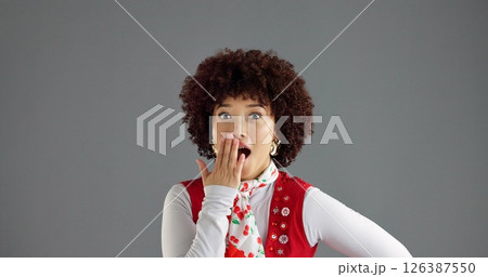 Woman, portrait and surprise news in studio, wow reaction or expression with retro fashion alert on gray background. Shock, announcement or vintage clothes sale, discount revelation and mind blown 126387550