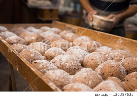 Bread preparation. loaves of dough before baking Bread preparation. loaves of dough before baking 126387633