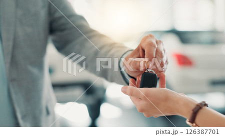 Hands, salesman and customer with keys in car dealership, test drive and success purchase of motor. Showroom, people and giving equipment in closeup after buying vehicle, rental service or automobile Hands, salesman and customer with keys in car dealership, test drive and success purchase of motor. Showroom, people and giving equipment in closeup after buying vehicle, rental service or automobile 126387701