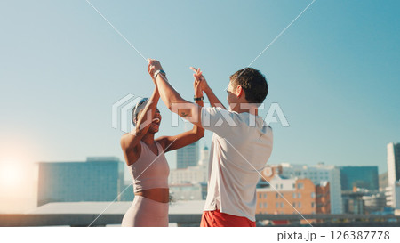 Fitness, couple and high five celebration in city for marathon success, workout teamwork or achievement. Mockup, interracial people and happy outdoor for cardio challenge, running exercise or support 126387778