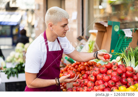 Male salesperson in an apron carefully places ripe tomatoes on supermarket counter 126387800