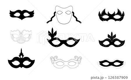 Mask vintage silhouette carnival masque, face mystery costume for ball, party or masquerade. Set simple costume. 126387909