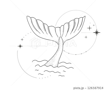 Whale tail retro dots texture with water splash circles stars line sketch minimal geometric tattoo. Mermaid or ocean mammal with waves vintage. 126387914