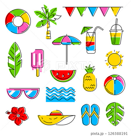 Set of summer items. Stylized beach objects. 126388191