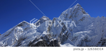 Panoramic image of Mount Everest and Nuptse on a clear day. Panoramic image of Mount Everest and Nuptse on a clear day. 126388314