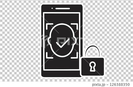 スマートフォンによる顔認証とセキュリティ保護を示すアイコンイラスト 126388350