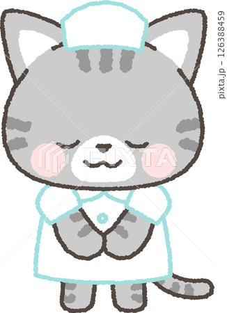 お辞儀をするサバトラネコの看護師 126388459