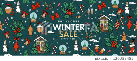 Christmas sale, pattern. Hand drawn illustration. Christmas sale, pattern. Hand drawn illustration. 126388483