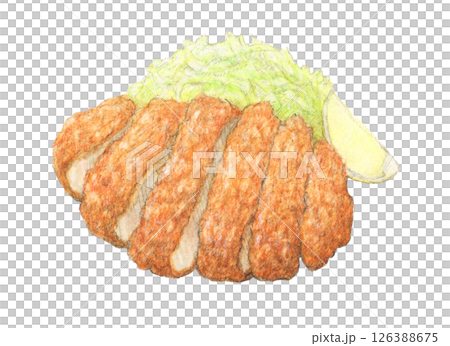 Tonkatsu served with shredded cabbage and lemon, hand-drawn watercolor 126388675