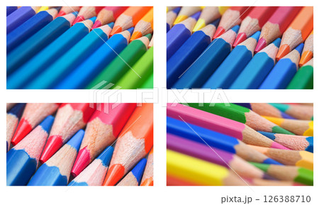 A colorful collage featuring four close-up shots of sharpened colored pencils arranged in orderly rows. 126388710