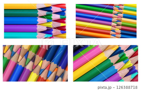 the vivid tips of sharpened colored pencils arranged in various formations. 126388718