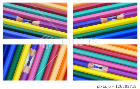 Two sharpened colored pencils meet tip to tip, surrounded by an orderly arrangement of vibrant hues Two sharpened colored pencils meet tip to tip, surrounded by an orderly arrangement of vibrant hues 126388719