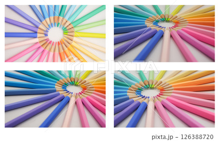 A precisely arranged circle of colored pencils forms a radiant wheel, showcasing the full color spectrum in a radial harmony. A precisely arranged circle of colored pencils forms a radiant wheel, showcasing the full color spectrum in a radial harmony. 126388720