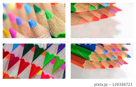 A close-up composition of sharpened colored pencil tips reveals a burst of vibrant hues and textures. 126388721