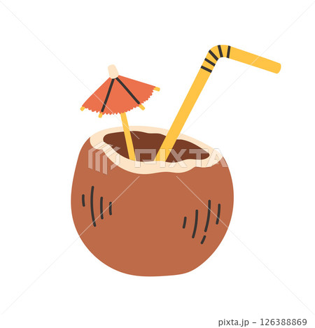 Cute hand drawn coconut with straw and umbrella. Flat simple vector illustration isolated on white background. Cute hand drawn coconut with straw and umbrella. Flat simple vector illustration isolated on white background. 126388869
