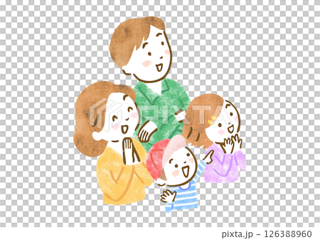 一家四口微笑著仰望天空的富有表現力的插圖 一家四口微笑著仰望天空的富有表現力的插圖 126388960