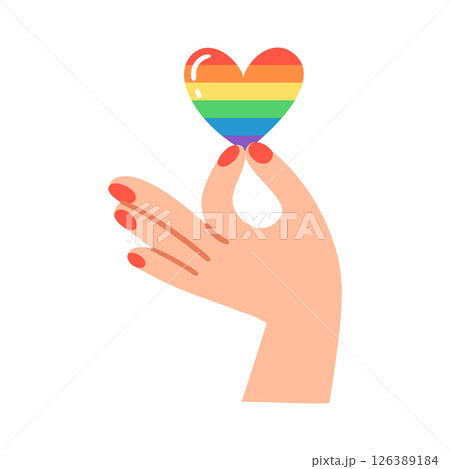 Hand with red nails holding a rainbow heart. Hand drawn vector illustration. 126389184