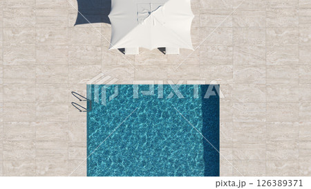 Luxury Resort Pool with Travertine Tile Deck and Umbrella 126389371