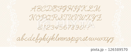 アンティークレース風フレームとチェーンステッチ刺繍風筆記体文字 126389570