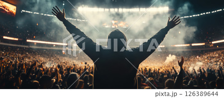 Excited Fan Celebrating in a Packed Stadium at Night 126389644