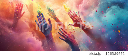 Hands Covered in Colorful Powder Celebrating Creativity and Joy 126389661