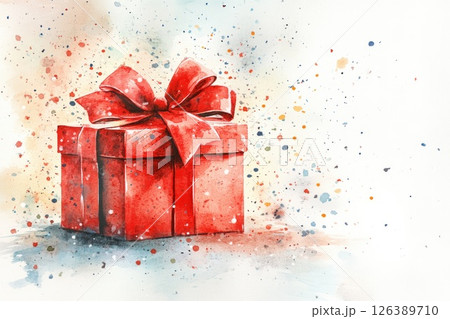 Red gift box with a large bow surrounded by colorful splashes in a watercolor illustration style 126389710
