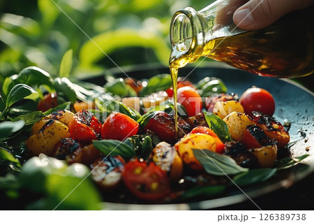 Fresh vegetables with olive oil being drizzled in a vibrant, sunlit kitchen setting 126389738