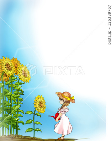 背の低いひまわりに水をあげる少女 126389767