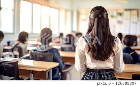 教室にいる女子高生の後ろ姿,generative ai_ワイド 126389807