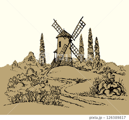 Vector drawing. The outline of the summer landscape with mill 126389817