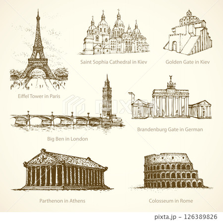 World famous historical monuments. Vector sketch World famous historical monuments. Vector sketch 126389826