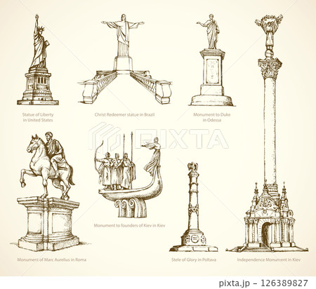 World famous historical monuments. Vector sketch 126389827